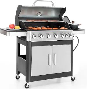 Sophia & William 6-Burner Propane Gas BBQ Grill with Side Burner & Porcelain-Enameled Cast Iron Grates, Stainless Steel Barbecue Grills Outdoor Cooking for Outside, 665 SQ.IN. Cooking Area, 65,800BTU
