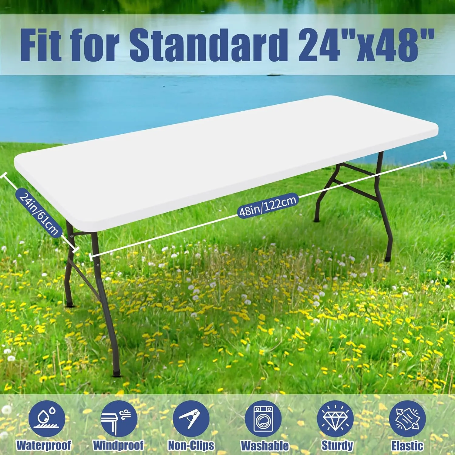 Spandex Picnic Table Cloth 2 Pack, Elastic Fitted Tablecloths for 4 Foot Rectangle Tables, Stretch Washable Patio Table Cover for Outdoor, Camping, Banquet and Parties (White, 24"x48")