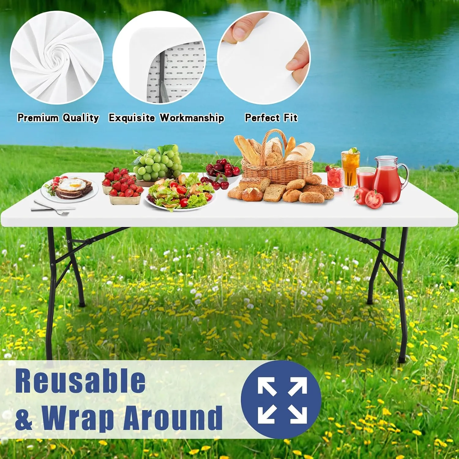 Spandex Picnic Table Cloth 2 Pack, Elastic Fitted Tablecloths for 4 Foot Rectangle Tables, Stretch Washable Patio Table Cover for Outdoor, Camping, Banquet and Parties (White, 24"x48")