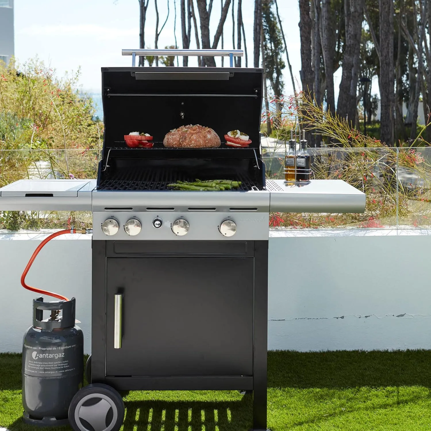 Spring 3212 Gas Barbecue with Fixed Side Table, 3 Burners and Side Burner, Enamelled Cast Iron Grills, 133x57x115 cm