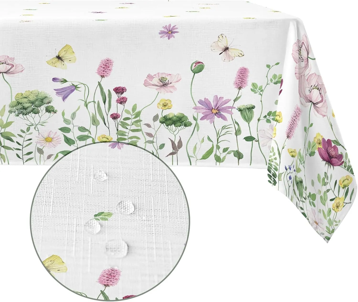 Spring Fabric Waterproof Tablecloth, Wildflowers Butterfly Rectangle Watercolor Wrinkle Oil-Proof Resistant Table Cover for Dining Table, Buffet Parties and Camping, (60" x 120")