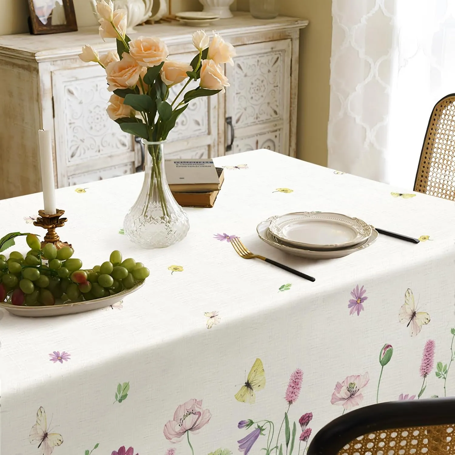 Spring Fabric Waterproof Tablecloth, Wildflowers Butterfly Rectangle Watercolor Wrinkle Oil-Proof Resistant Table Cover for Dining Table, Buffet Parties and Camping, (60" x 120")