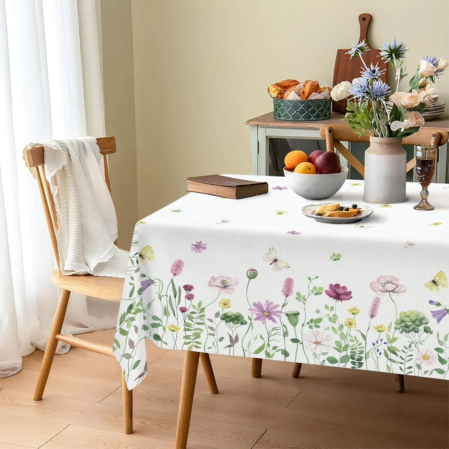 Spring Fabric Waterproof Tablecloth, Wildflowers Butterfly Rectangle Watercolor Wrinkle Oil-Proof Resistant Table Cover for Dining Table, Buffet Parties and Camping, (60" x 120")