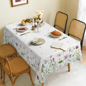 Spring Fabric Waterproof Tablecloth, Wildflowers Butterfly Rectangle Watercolor Wrinkle Oil-Proof Resistant Table Cover for Dining Table, Buffet Parties and Camping, (60" x 120")