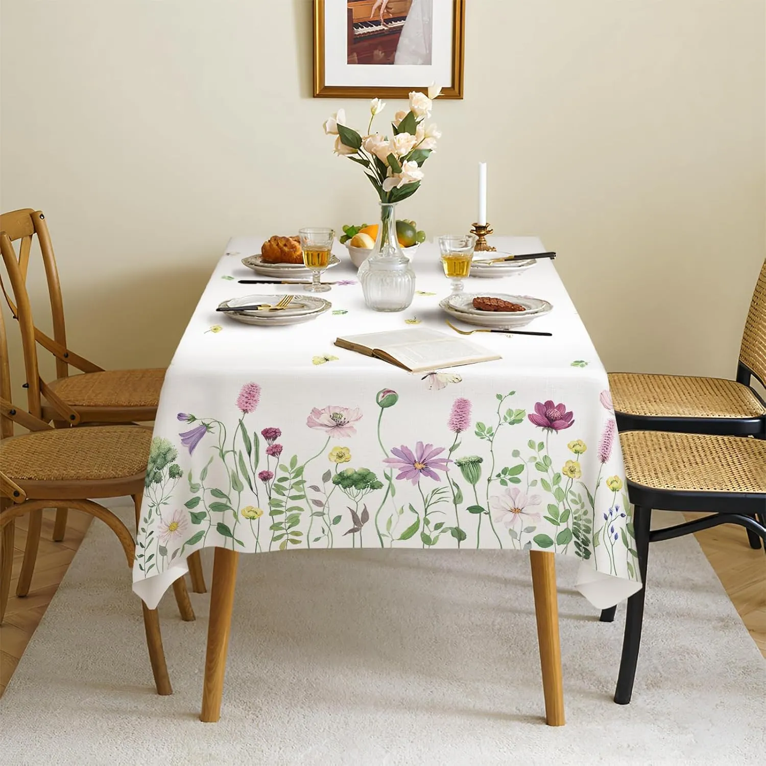 Spring Fabric Waterproof Tablecloth, Wildflowers Butterfly Rectangle Watercolor Wrinkle Oil-Proof Resistant Table Cover for Dining Table, Buffet Parties and Camping, (60" x 120")