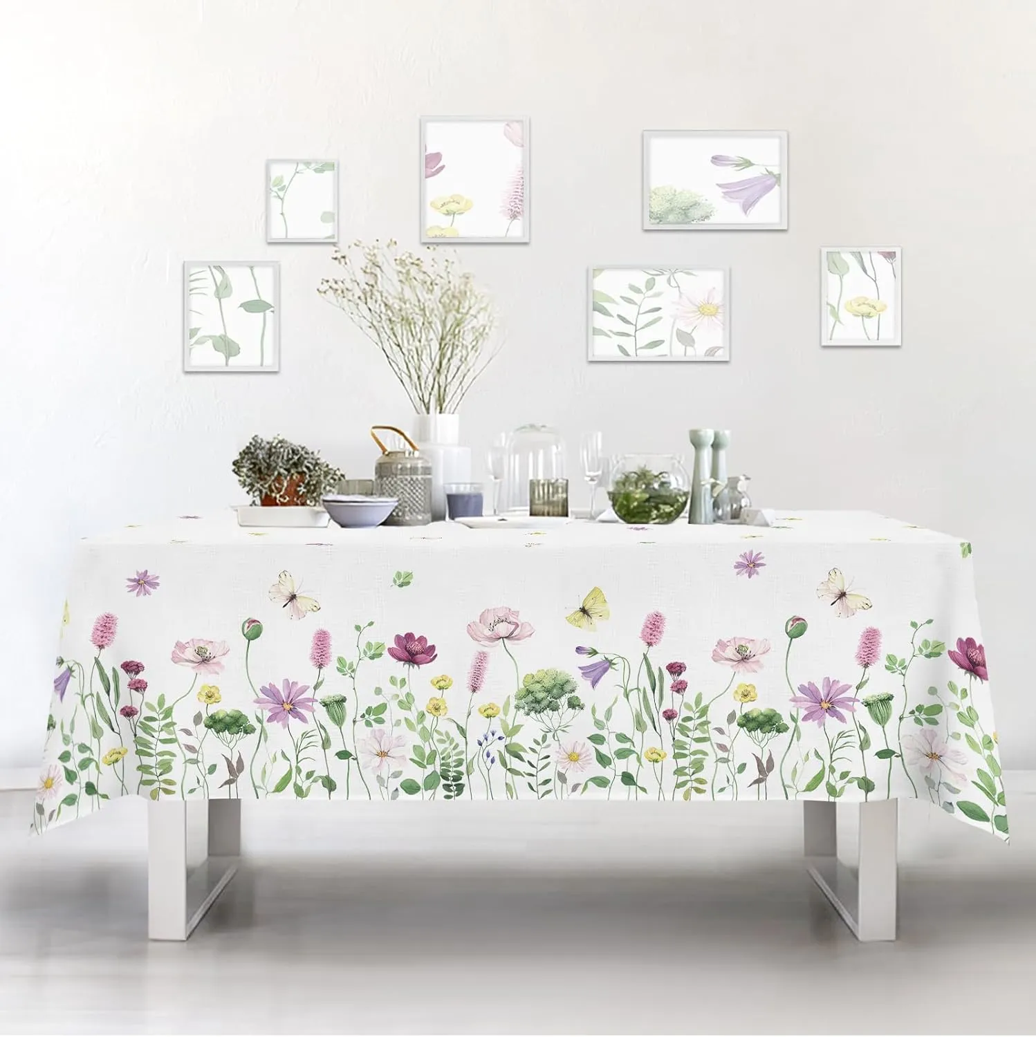 Spring Fabric Waterproof Tablecloth, Wildflowers Butterfly Rectangle Watercolor Wrinkle Oil-Proof Resistant Table Cover for Dining Table, Buffet Parties and Camping, (60" x 120")