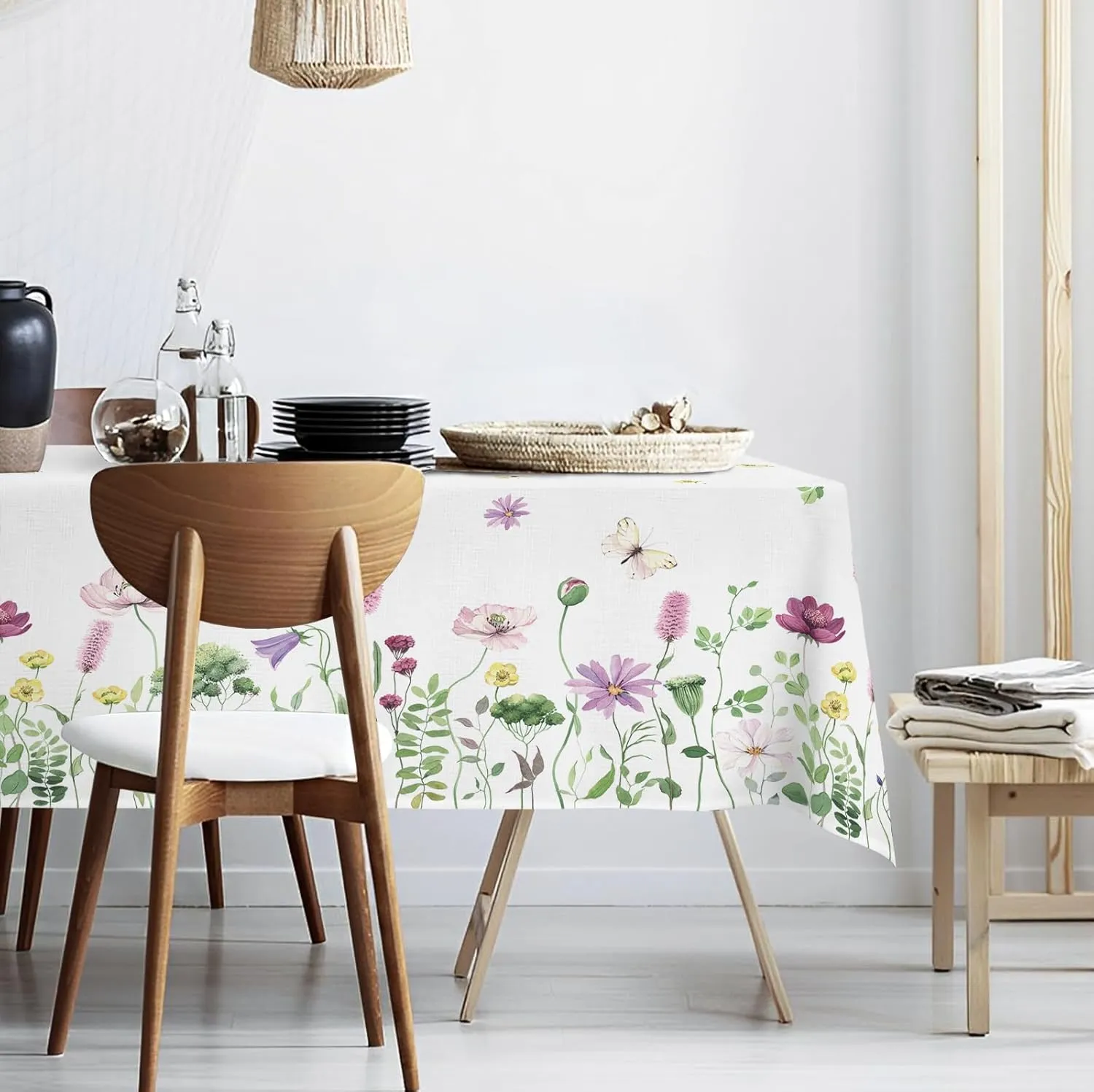 Spring Fabric Waterproof Tablecloth, Wildflowers Butterfly Rectangle Watercolor Wrinkle Oil-Proof Resistant Table Cover for Dining Table, Buffet Parties and Camping, (60" x 120")