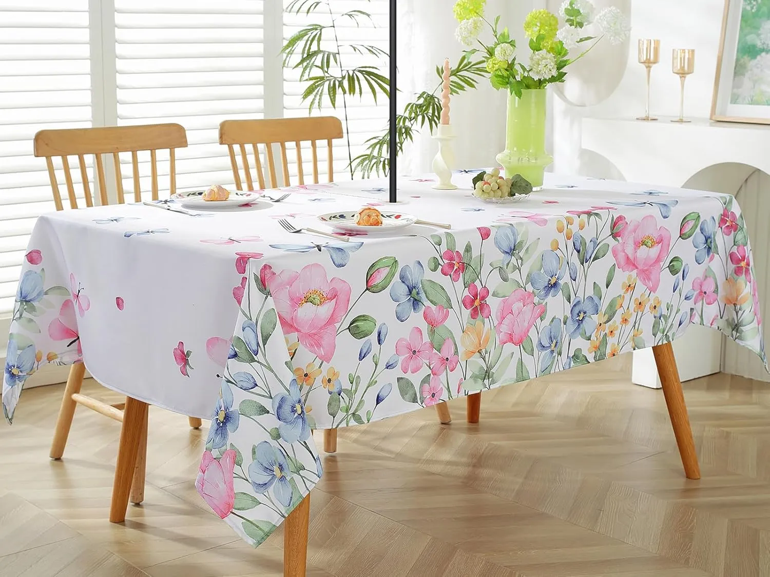 Spring Summer Floral Tablecloth with Umbrella Hole Rectangle 60 x 102 Inch Watercolor Wild Flower Zippered Table Cloth, Spill Proof Fabric Table Cover for Dining, Party, Patio, Camping, Outdoor, Pink