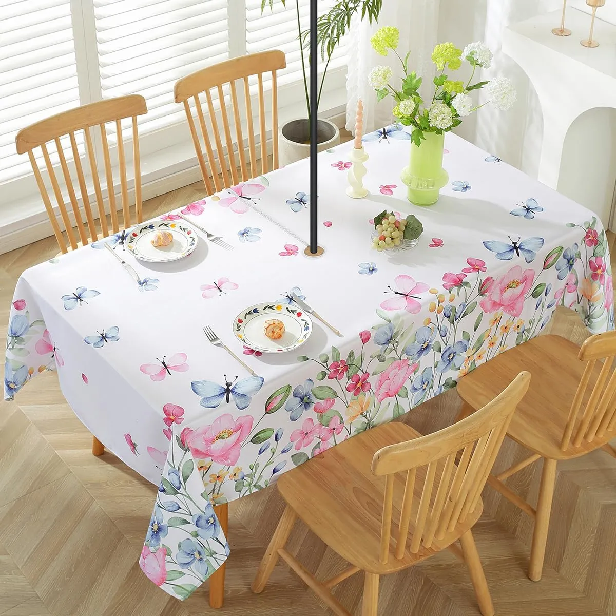 Spring Summer Floral Tablecloth with Umbrella Hole Rectangle 60 x 102 Inch Watercolor Wild Flower Zippered Table Cloth, Spill Proof Fabric Table Cover for Dining, Party, Patio, Camping, Outdoor, Pink