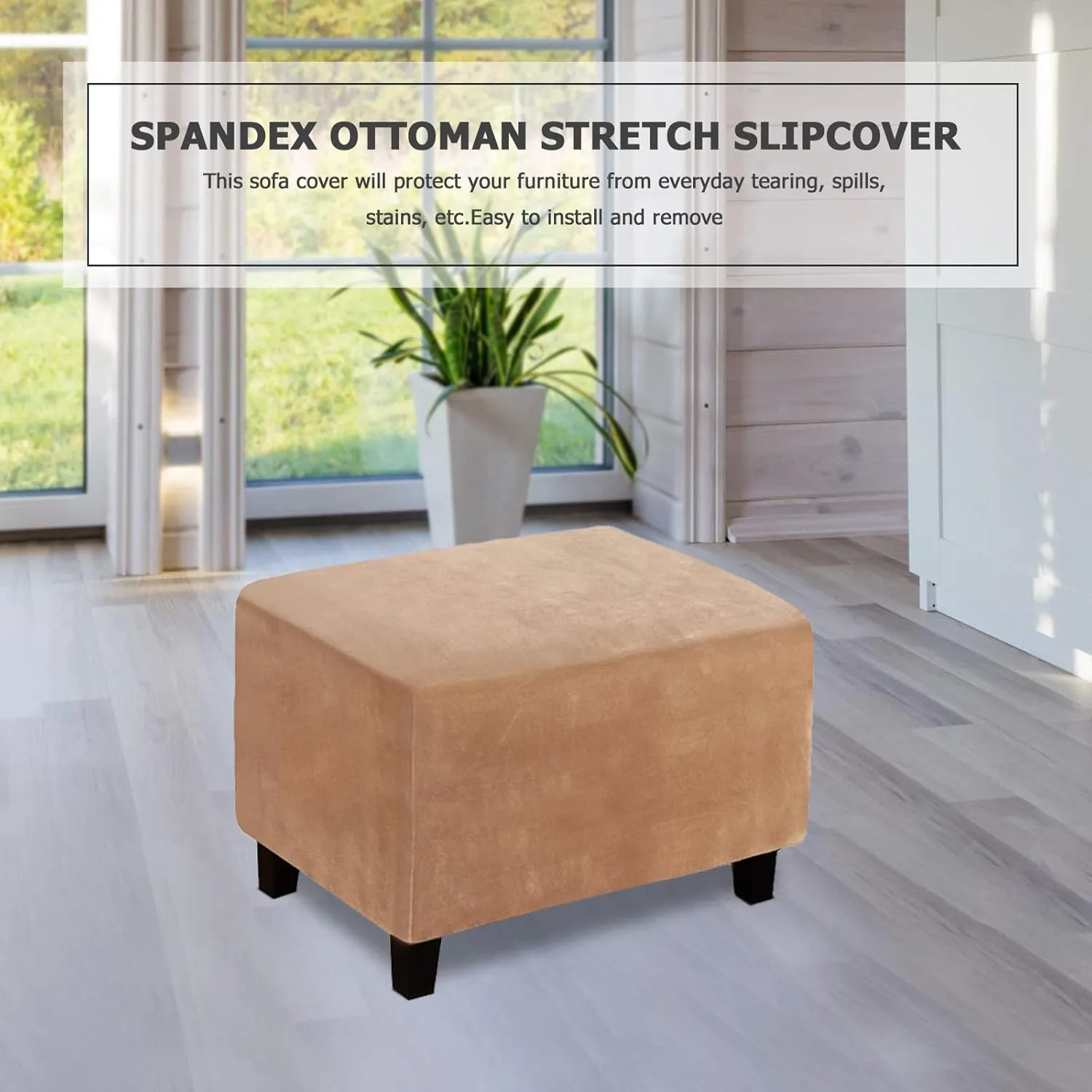 Square Ottoman Covers, Stretch Rectangle Folding Ottoman Slipcover Square Footstool Protector Covers Storage Stool Ottoman Covers Stretch with Elastic Bottom, by Real Velvet Plush Fabric(L,Camel)