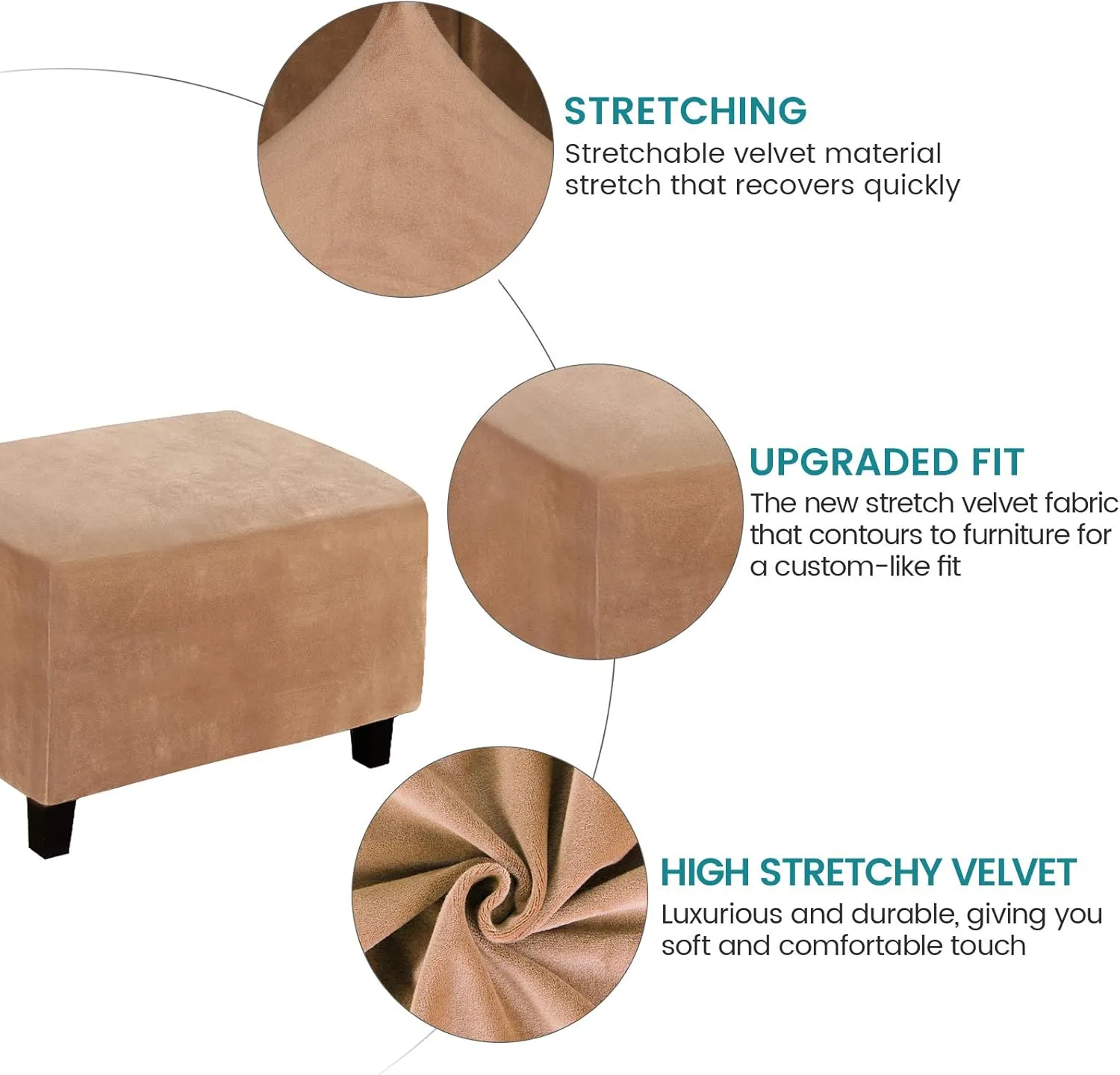 Square Ottoman Covers, Stretch Rectangle Folding Ottoman Slipcover Square Footstool Protector Covers Storage Stool Ottoman Covers Stretch with Elastic Bottom, by Real Velvet Plush Fabric(L,Camel)