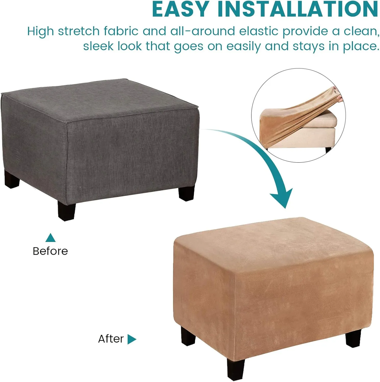 Square Ottoman Covers, Stretch Rectangle Folding Ottoman Slipcover Square Footstool Protector Covers Storage Stool Ottoman Covers Stretch with Elastic Bottom, by Real Velvet Plush Fabric(L,Camel)