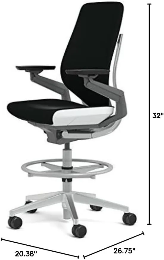 Steelcase Gesture 442 Stool Chair - Black Steelcase Leather, Shell Back, Light on Light Frame, Polished Aluminum Base
