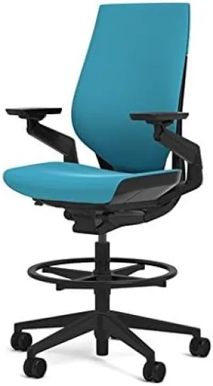Steelcase Gesture 442 Stool Chair - Cogent: Connect Blue Jay Fabric, Wrapped Back, Dark on Dark Frame, Polished Aluminum Base