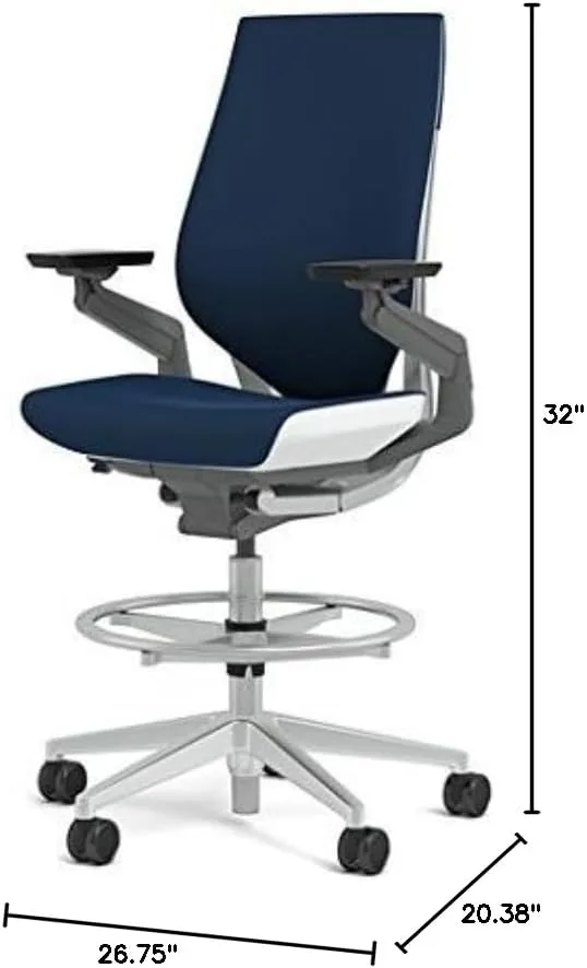 Steelcase Gesture 442 Stool Chair - Cogent: Connect Blueprint Fabric, Shell Back, Light on Dark Frame, Polished Aluminum Base, Wheels for Hard Flooring