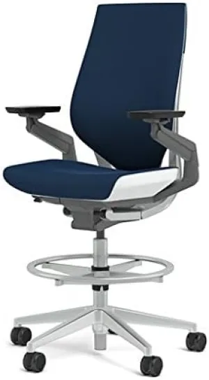 Steelcase Gesture 442 Stool Chair - Cogent: Connect Blueprint Fabric, Shell Back, Light on Dark Frame, Polished Aluminum Base, Wheels for Hard Flooring