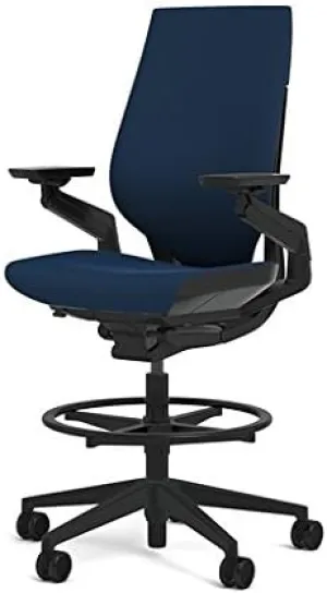 Steelcase Gesture 442 Stool Chair - Cogent: Connect Blueprint Fabric, Wrapped Back, Dark on Dark Frame, Polished Aluminum Base, Wheels for Hard Flooring