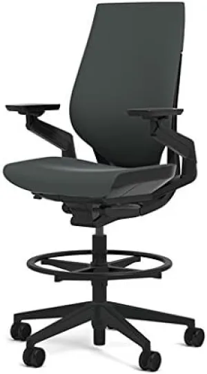 Steelcase Gesture 442 Stool Chair - Cogent: Connect Graphite Fabric, Wrapped Back, Dark on Dark Frame, Polished Aluminum Base, Wheels for Hard Flooring