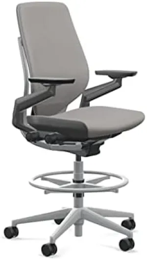 Steelcase Gesture 442 Stool Chair - Dove Grey Elmosoft Leather, Shell Back, Light on Dark Frame, Polished Aluminum Base, Wheels for Hard Flooring