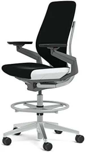 Steelcase Gesture 442 Stool Chair - Ebony Elmosoft Leather, Shell Back, Light on Light Frame, Polished Aluminum Base