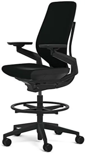 Steelcase Gesture 442 Stool Chair - Ebony Elmosoft Leather, Wrapped Back, Dark on Dark Frame, Polished Aluminum Base