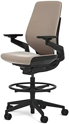 Steelcase Gesture 442 Stool Chair - Mica Elmosoft Leather, Shell Back, Dark on Dark Frame, Polished Aluminum Base