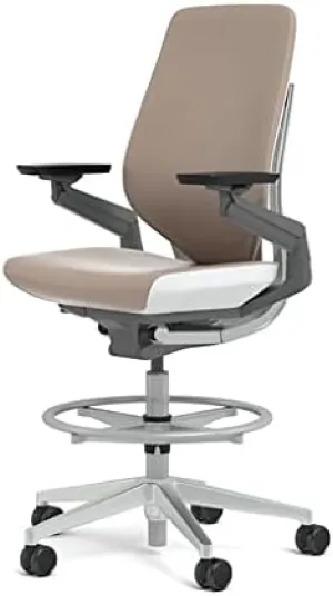 Steelcase Gesture 442 Stool Chair - Mica Elmosoft Leather, Shell Back, Light on Light Frame, Polished Aluminum Base