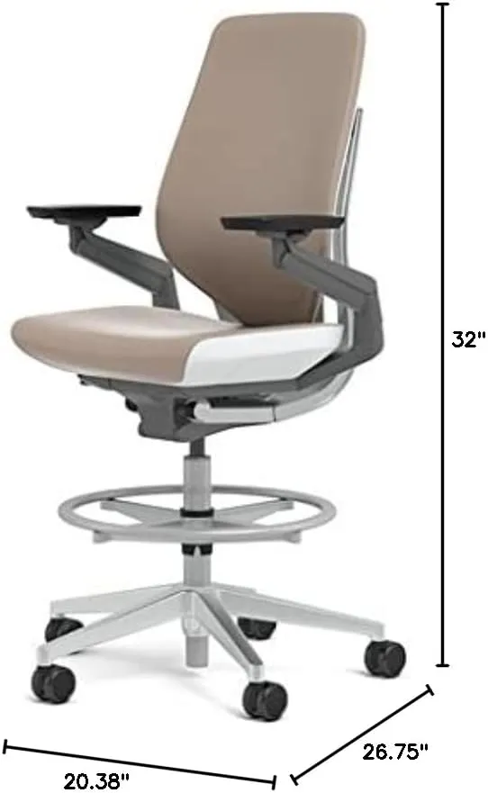 Steelcase Gesture 442 Stool Chair - Mica Elmosoft Leather, Shell Back, Light on Light Frame, Polished Aluminum Base