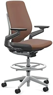 Steelcase Gesture 442 Stool Chair - Saddle Elmosoft Leather, Shell Back, Light on Dark Frame, Polished Aluminum Base, Wheels for Hard Flooring