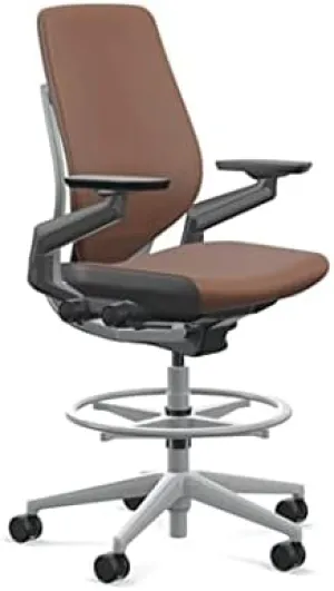 Steelcase Gesture 442 Stool Chair - Saddle Elmosoft Leather, Shell Back, Light on Dark Frame, Polished Aluminum Base, Wheels for Hard Flooring