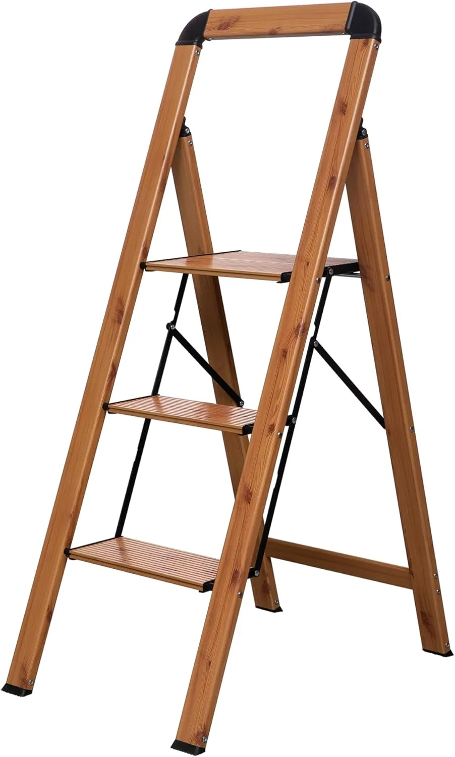 Step Ladder Woodgrain Finish Aluminum Folding Step Stool 3 Step Stairs Wide Pedal,Anti-Slip Portable Sturdy for Home & Kitchen Office 330 lbs