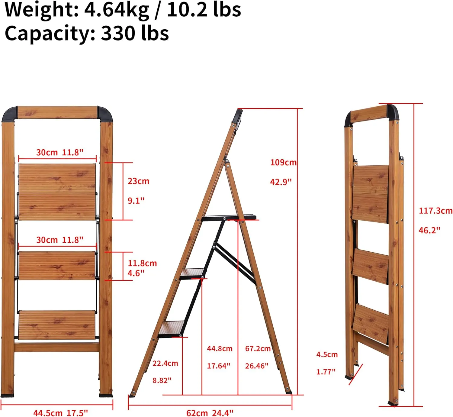 Step Ladder Woodgrain Finish Aluminum Folding Step Stool 3 Step Stairs Wide Pedal,Anti-Slip Portable Sturdy for Home & Kitchen Office 330 lbs