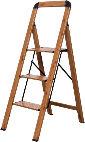 Step Ladder Woodgrain Finish Aluminum Folding Step Stool 3 Step Stairs Wide Pedal,Anti-Slip Portable Sturdy for Home & Kitchen Office 330 lbs