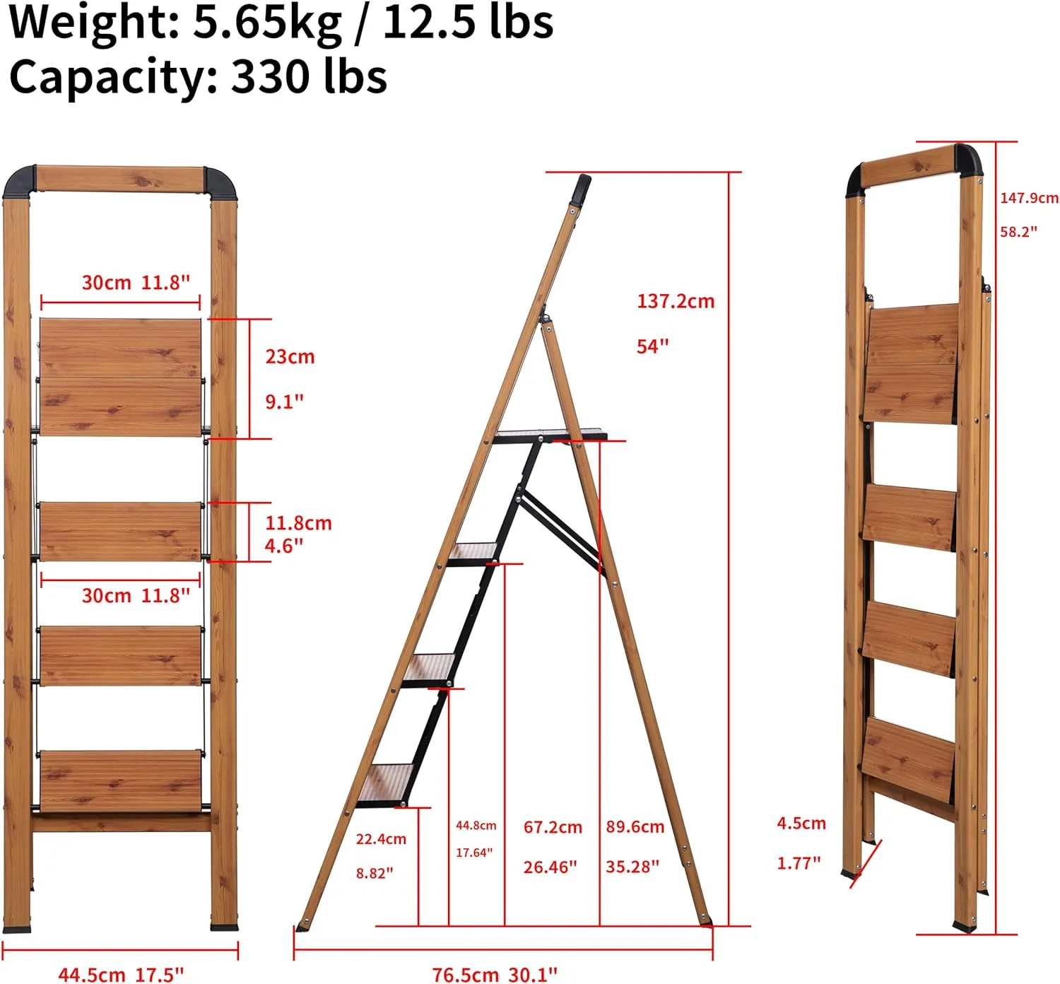 Step Ladder Woodgrain Finish Aluminum Folding Step Stool 4 Step Stairs Wide Pedal,Anti-Slip Portable Sturdy for Home & Kitchen Office 330 lbs