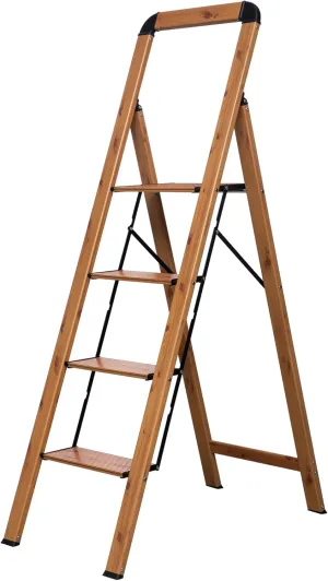 Step Ladder Woodgrain Finish Aluminum Folding Step Stool 4 Step Stairs Wide Pedal,Anti-Slip Portable Sturdy for Home & Kitchen Office 330 lbs