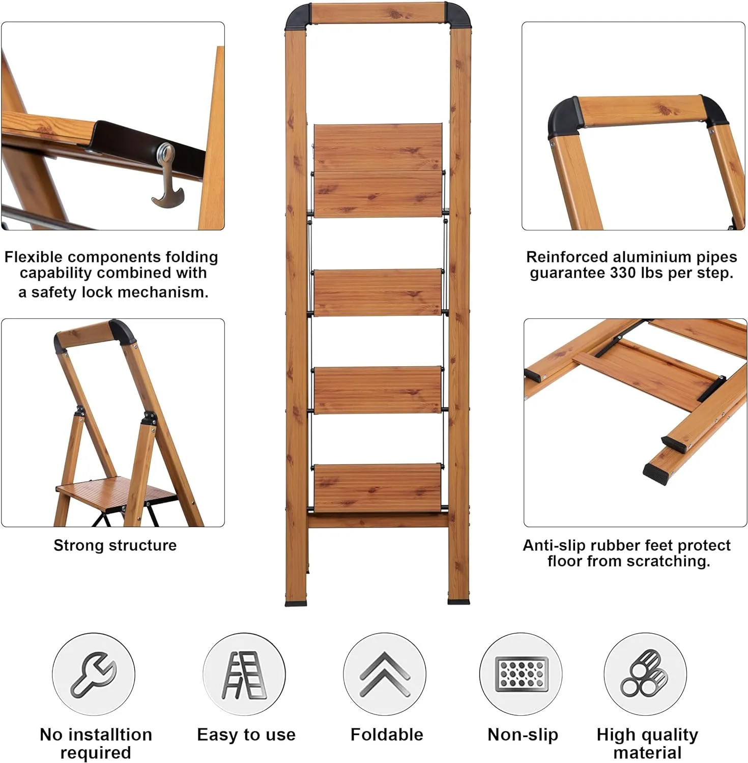 Step Ladder Woodgrain Finish Aluminum Folding Step Stool 4 Step Stairs Wide Pedal,Anti-Slip Portable Sturdy for Home & Kitchen Office 330 lbs
