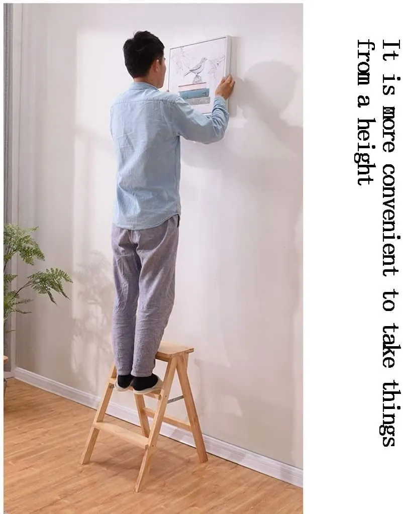 Step Stool,Multifunctional Solid Wood Stepladder Dining High Stool, Portable Kitchen Wooden Folding Chair Light Arden Tool Ladder Chair,B,42×49×63Cm