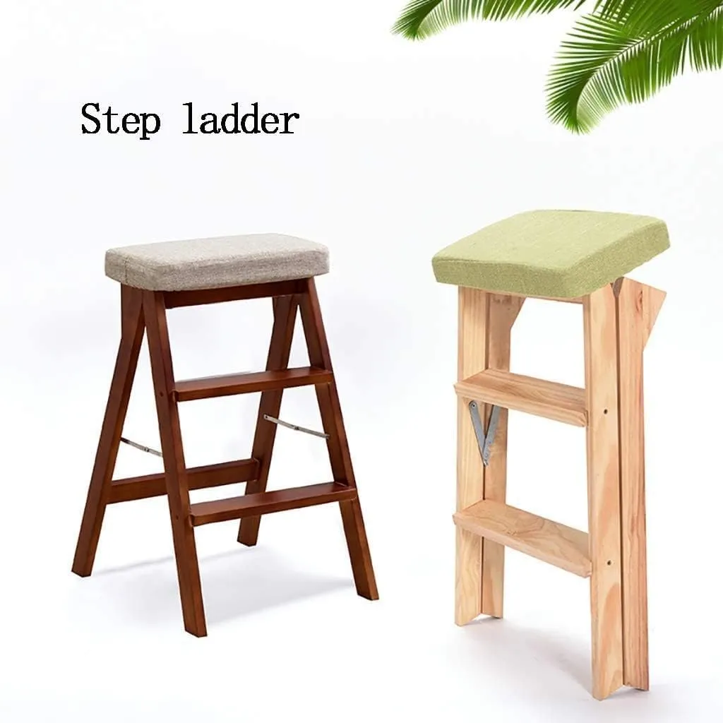 Step Stool,Multifunctional Solid Wood Stepladder Dining High Stool, Portable Kitchen Wooden Folding Chair Light Arden Tool Ladder Chair,B,42×49×63Cm