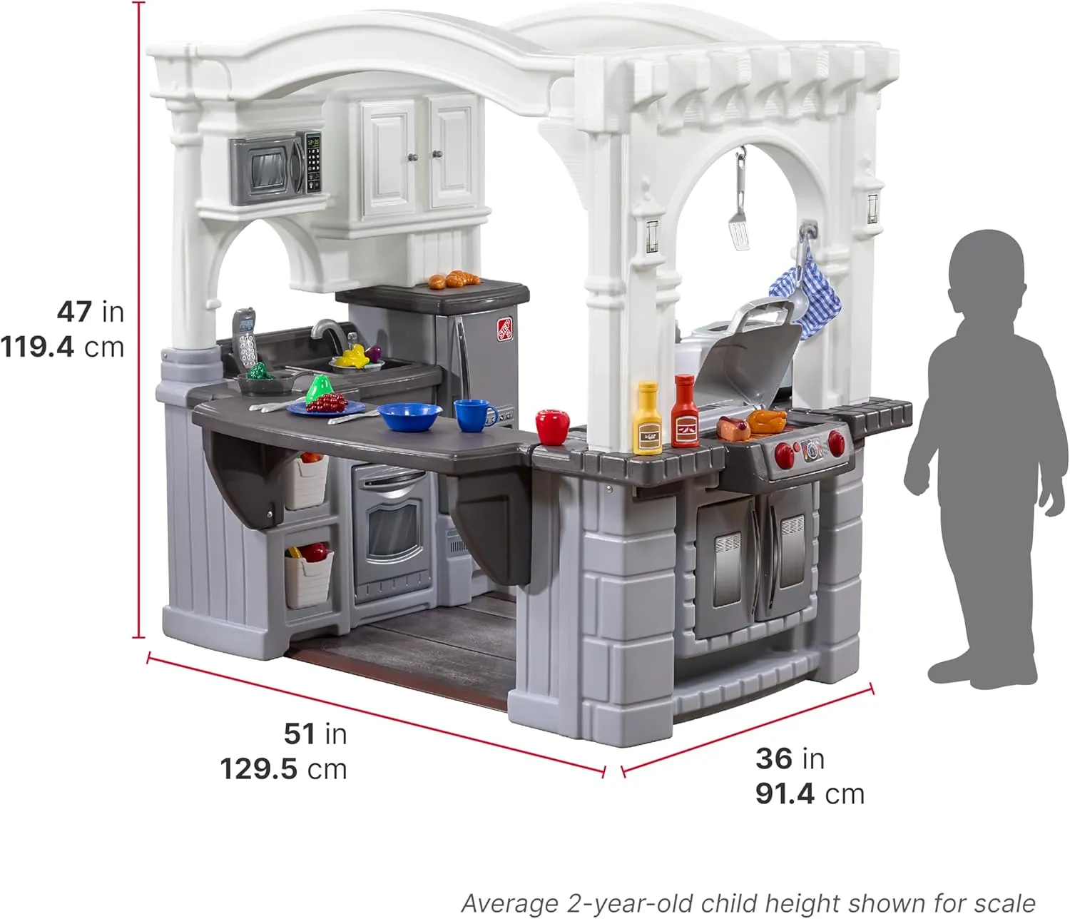 Step2 Grand Walk-in Kitchen & Grill Kids Playset, Indoor/Outdoor Kitchenette, Interactive Play with Lights and Sounds, Durable Plastic, 103 Piece Toy Accessories, Toddlers 2  Years Old, Gray/White