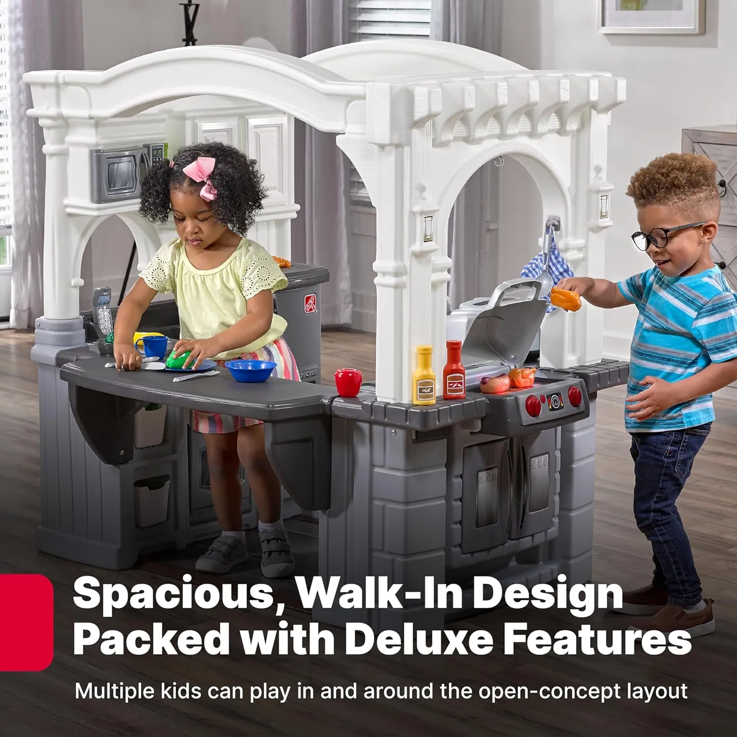 Step2 Grand Walk-in Kitchen & Grill Kids Playset, Indoor/Outdoor Kitchenette, Interactive Play with Lights and Sounds, Durable Plastic, 103 Piece Toy Accessories, Toddlers 2  Years Old, Gray/White