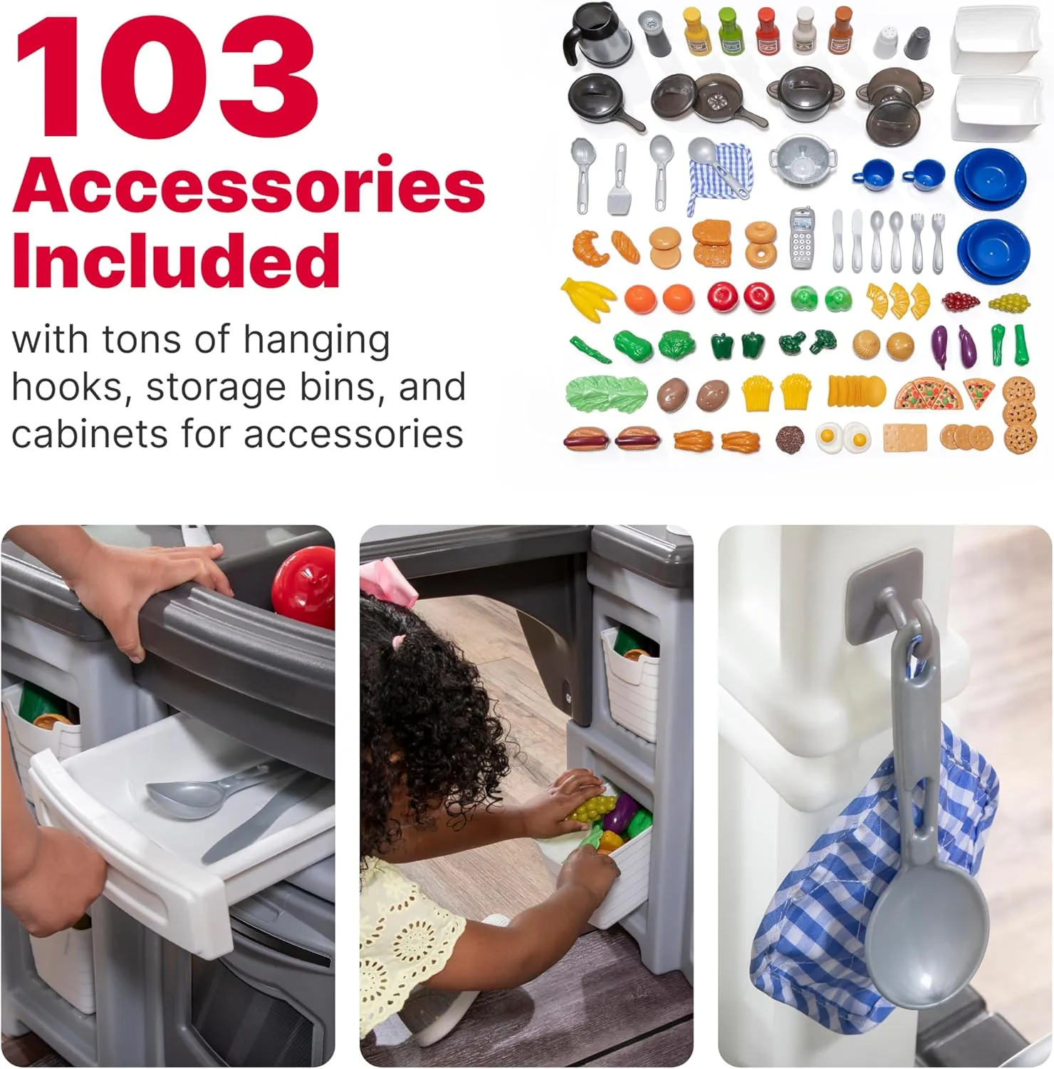 Step2 Grand Walk-in Kitchen & Grill Kids Playset, Indoor/Outdoor Kitchenette, Interactive Play with Lights and Sounds, Durable Plastic, 103 Piece Toy Accessories, Toddlers 2  Years Old, Gray/White
