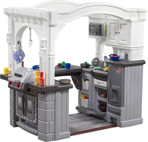 Step2 Grand Walk-in Kitchen & Grill Kids Playset, Indoor/Outdoor Kitchenette, Interactive Play with Lights and Sounds, Durable Plastic, 103 Piece Toy Accessories, Toddlers 2  Years Old, Gray/White