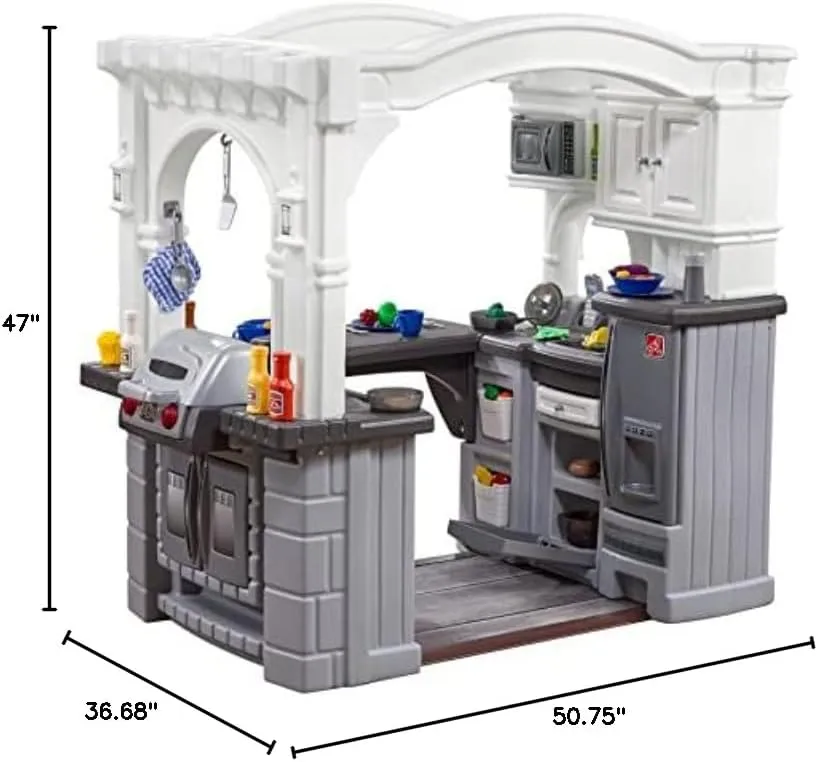 Step2 Grand Walk-in Kitchen & Grill Kids Playset, Indoor/Outdoor Kitchenette, Interactive Play with Lights and Sounds, Durable Plastic, 103 Piece Toy Accessories, Toddlers 2  Years Old, Gray/White