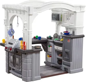 Step2 Grand Walk-in Kitchen & Grill Kids Playset, Indoor/Outdoor Kitchenette, Interactive Play with Lights and Sounds, Durable Plastic, 103 Piece Toy Accessories, Toddlers 2  Years Old, Gray/White