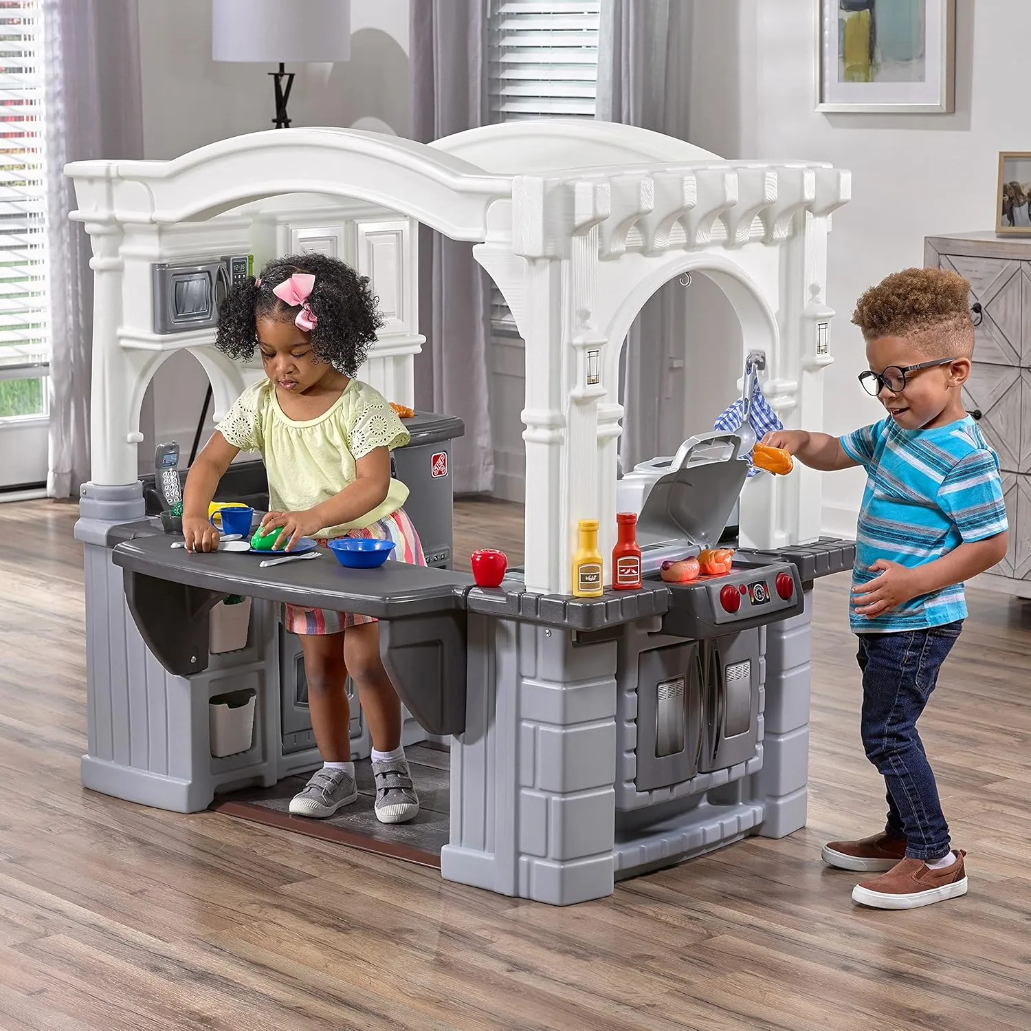 Step2 Grand Walk-in Kitchen & Grill Kids Playset, Indoor/Outdoor Kitchenette, Interactive Play with Lights and Sounds, Durable Plastic, 103 Piece Toy Accessories, Toddlers 2  Years Old, Gray/White