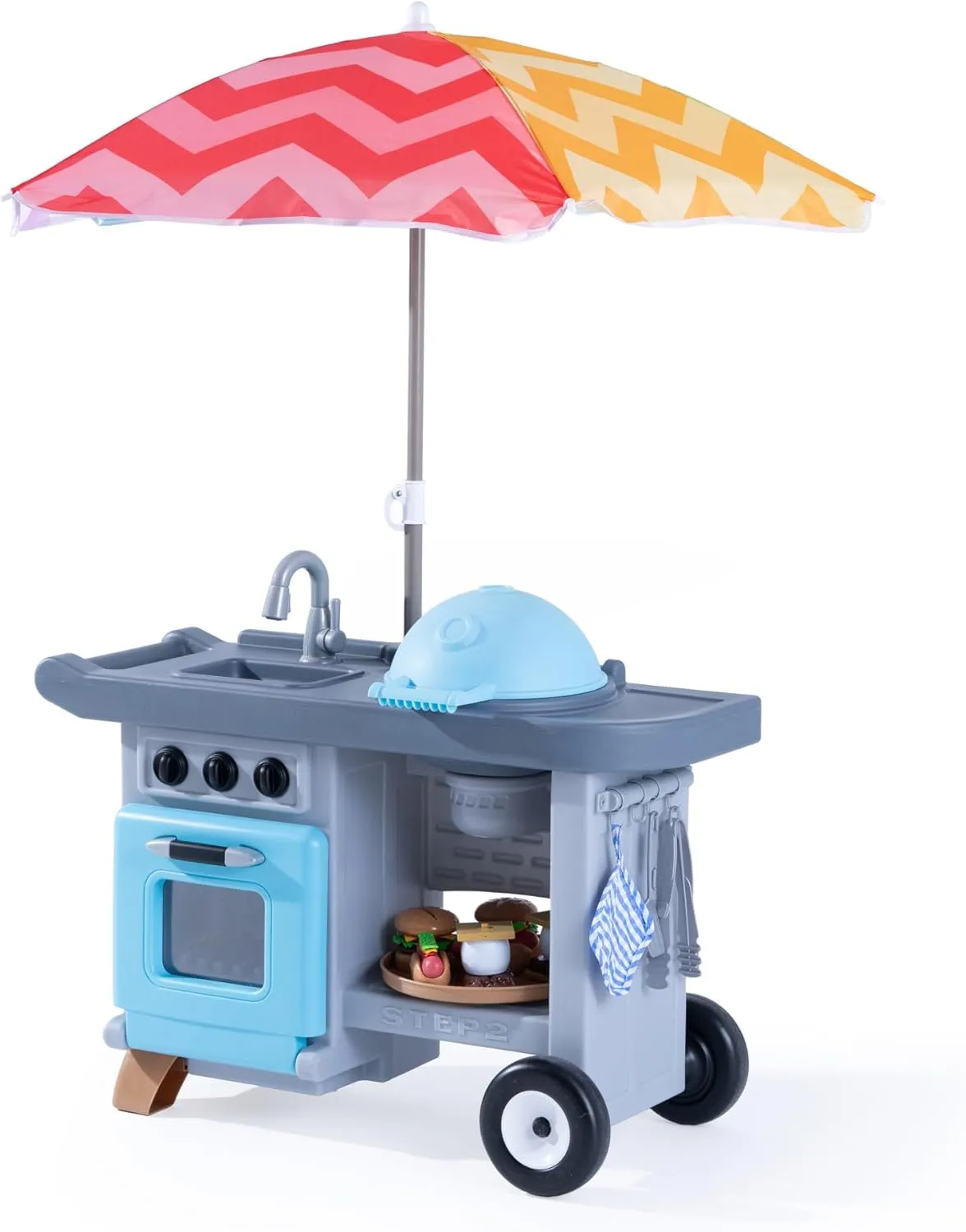 Step2 Grill & Go BBQ Cart with Lights and Sounds for Kids, Play Toy for Toddlers Ages 3  Years Old, Durable, Easy Assembly, Blue/Gray
