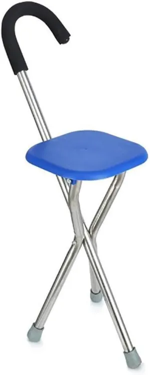Stool Chair Walking Stick with Seat Thicken Stainless Steel Fixed Height Square Seat Stable 3 Leg Support Crutch
