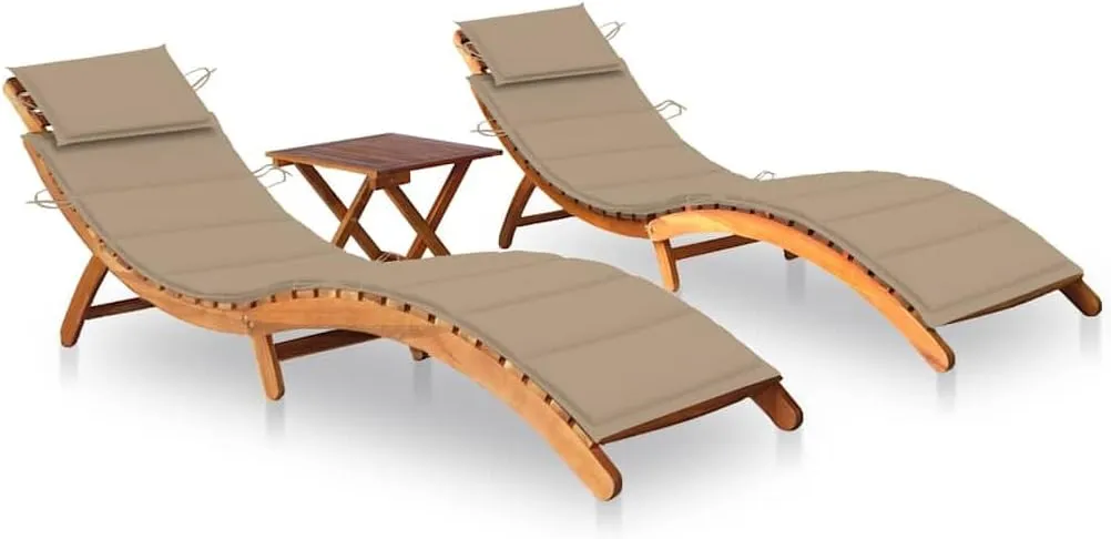 Sun Loungers 2 pcs with Table and Cushions Solid Acacia Woodpatio Camping Chairs Recliner Tanning chairSuitable for Garden Courtyard
