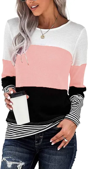 SWEET POISON Womens Lightweight Color Block Shirts Long Sleeve Pullover Tunics Tops(S-2XL)