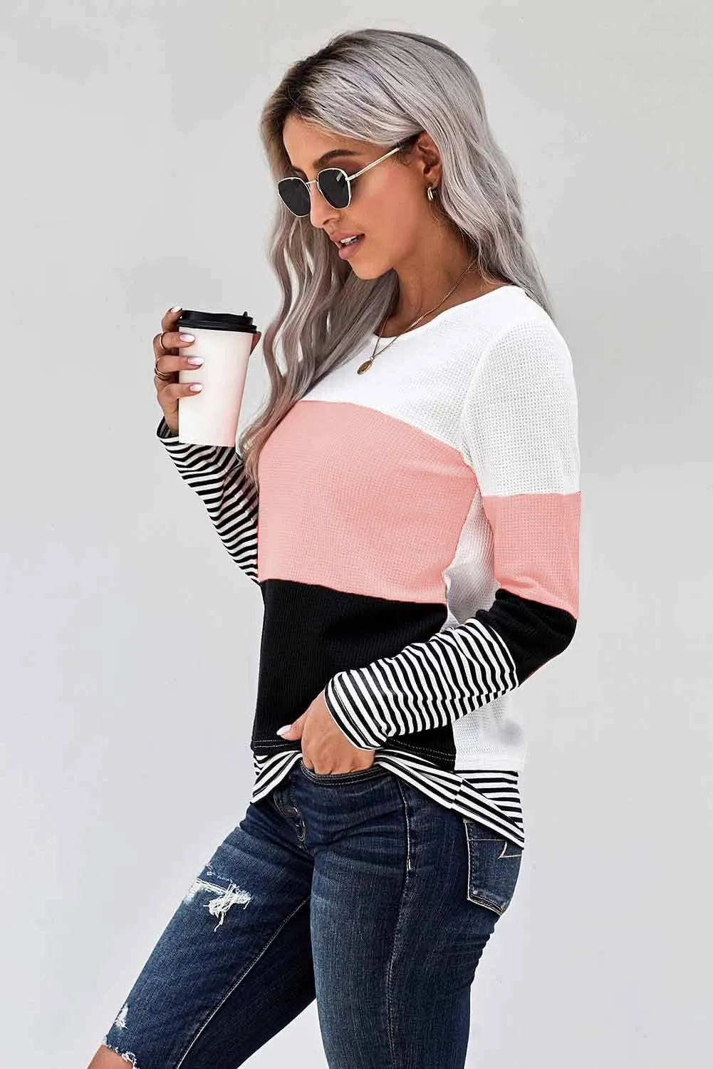 SWEET POISON Womens Lightweight Color Block Shirts Long Sleeve Pullover Tunics Tops(S-2XL)